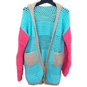Amazing Handmade Crochet Block Color Hooded Long Cardigan w Pockets Medium